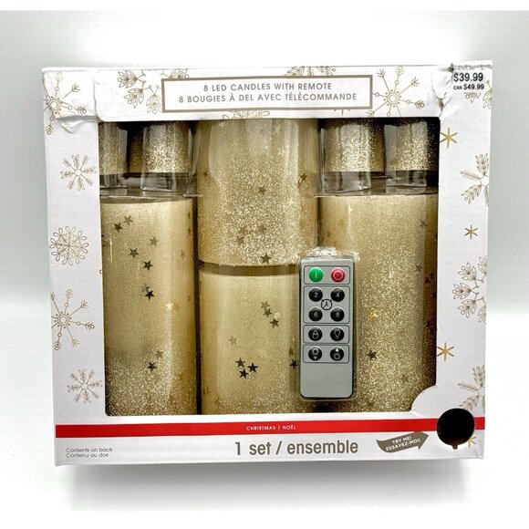 Ashland Christmas Gold Glitter/Stars Set Of 8 LED Candles W/Remote New Unused - Picture 1 of 4